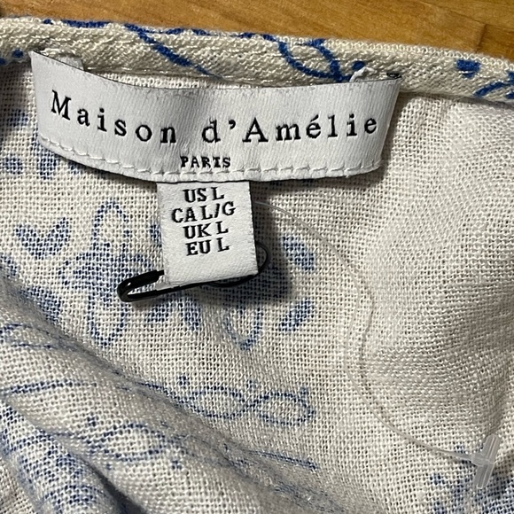 MAISON D’AIMELIE Paris Wrap Top and Skirt Cream Blue Block Print SZ L Wrap top - Picture 6 of 7